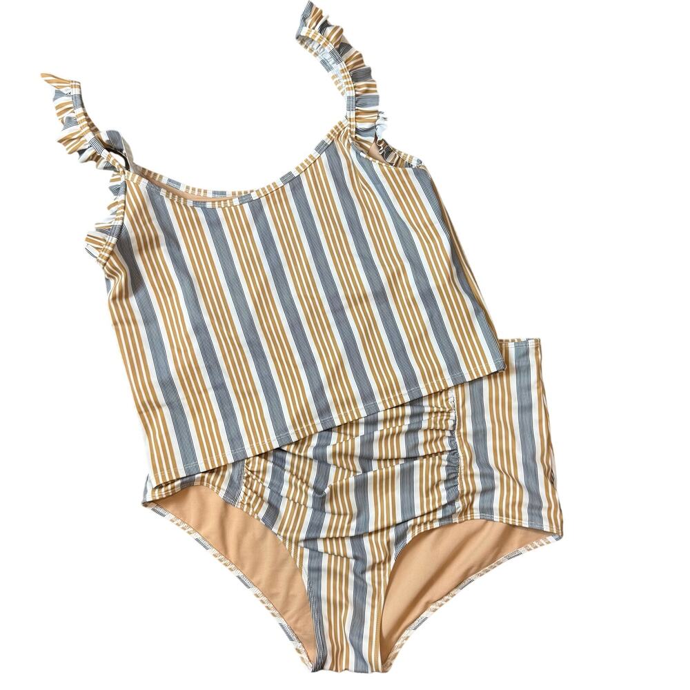 Kortni Jeanne Swimsuit Bikini Hight Waist Bottoms Ruffle Top Stripe 2XL XXL 2X
